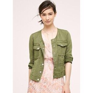 Sanctuary Snap Denim Utility Jacket Womens Size M Army Green Collarless Pockets